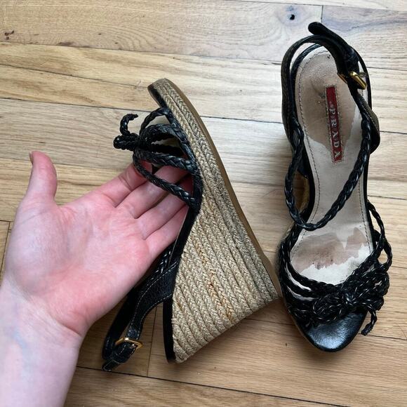 Prada Women's 35 US 5 Leather Braided Espadrilles Black Strappy Sandals Luxury - Picture 16 of 16